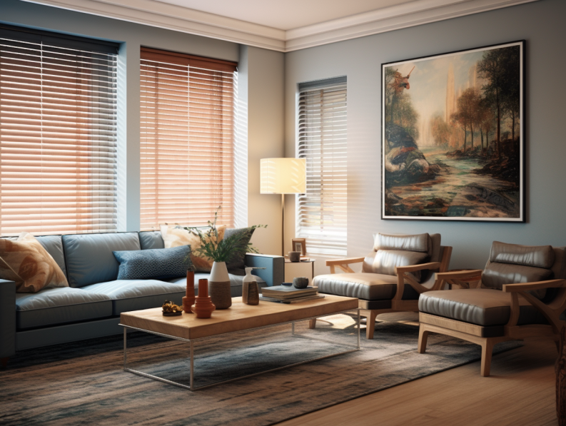 fully furnished living room with window blinds for black friday sales