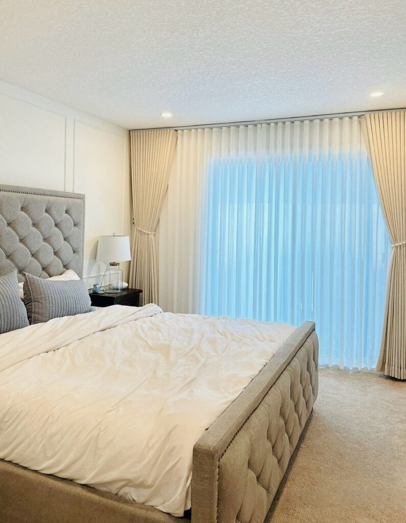 Curtains in bedroom by Skyview Blinds and Shades