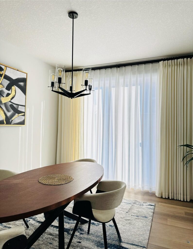 Curtains in dining room by Skyview Blinds and Shades