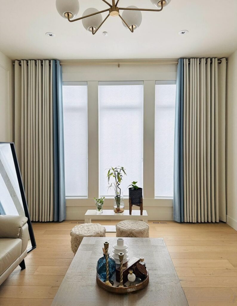 Curtains in fully-furnished living room by Skyview Blinds and Shades