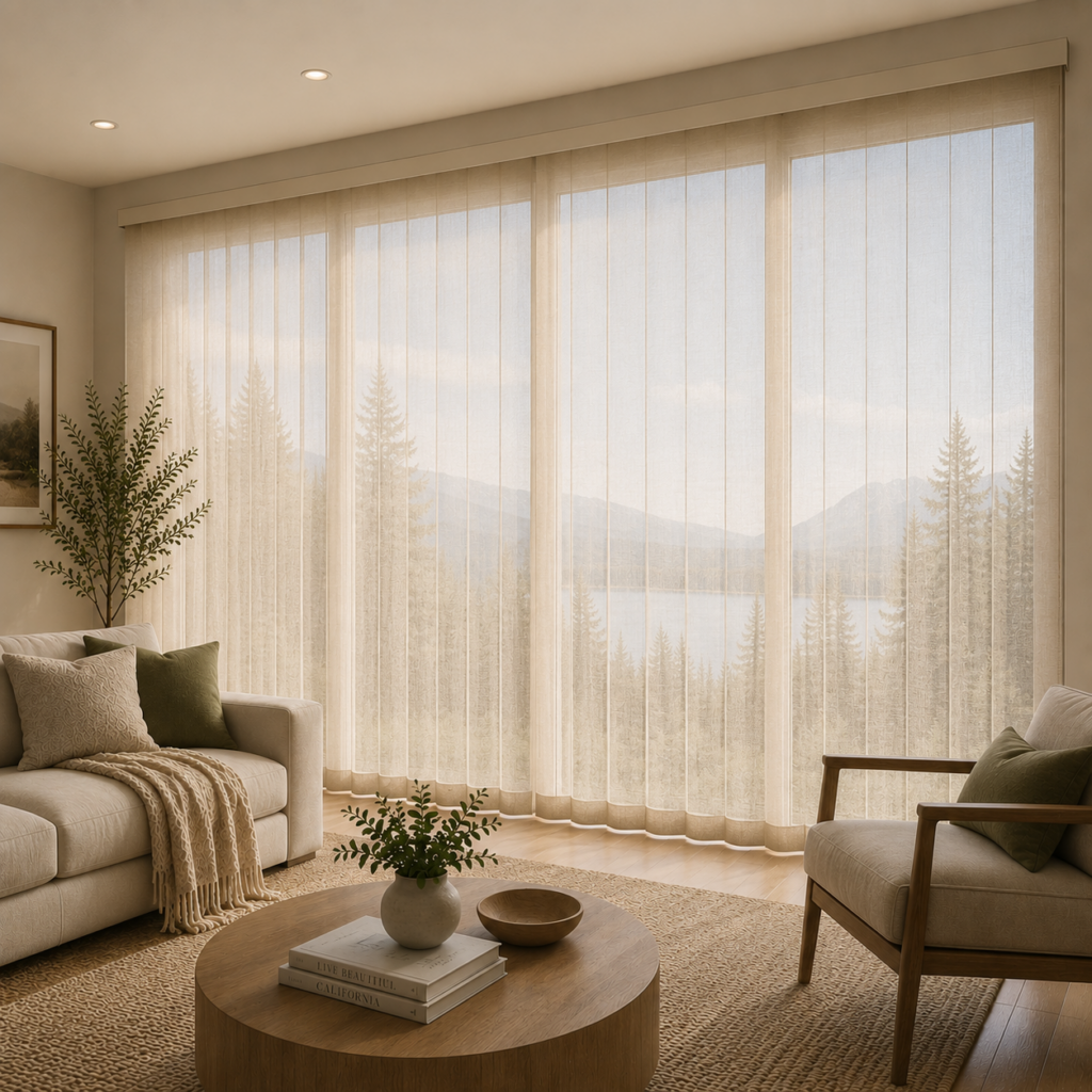 Vertical soft shades in Calgary for Floor-to-Ceiling Windows