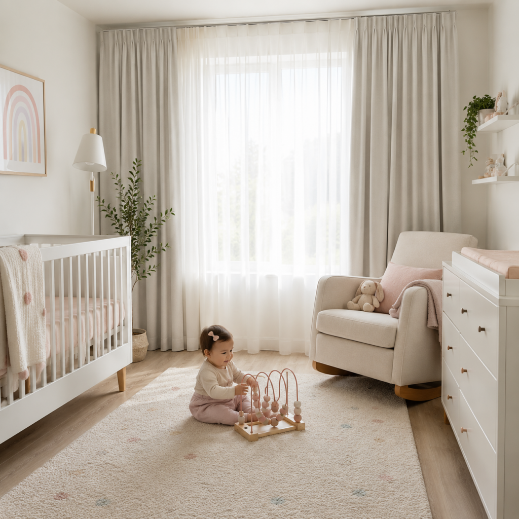 baby playing inside nursery room with curtains in Calgary by Skyview