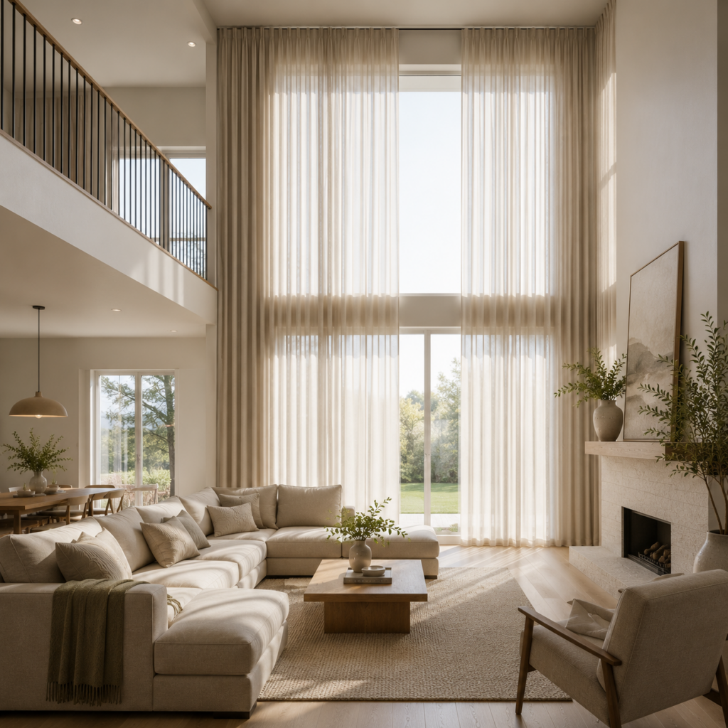 high ceiling with ceiling-to-floor in curtains Calgary by Skyview