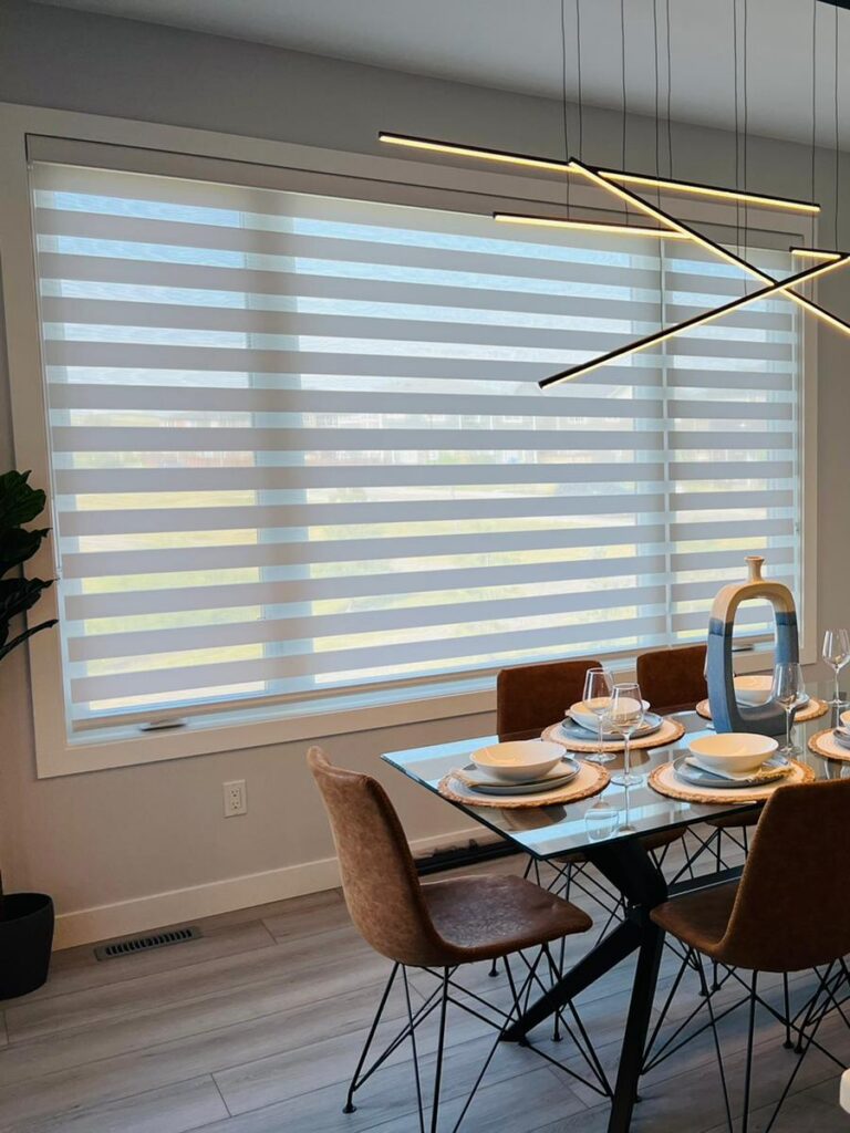 zebra blinds inside Calgary homes dining table