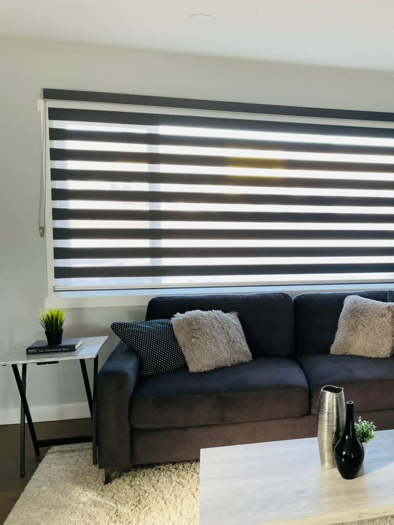 zebra blinds inside living room in Calgary